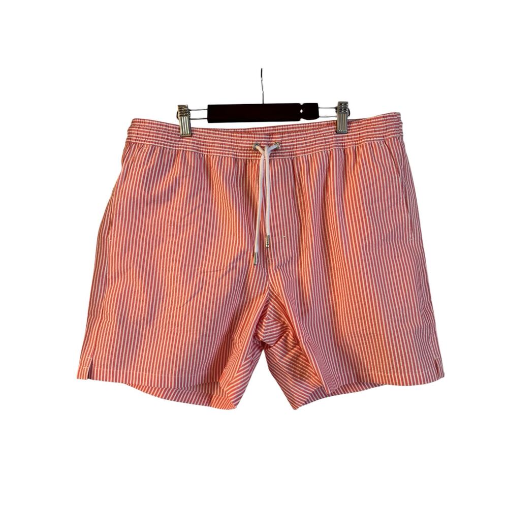 Mango Men’s Seersucker Striped Drawstring Swim Shorts Pockets Coral Red Size XL